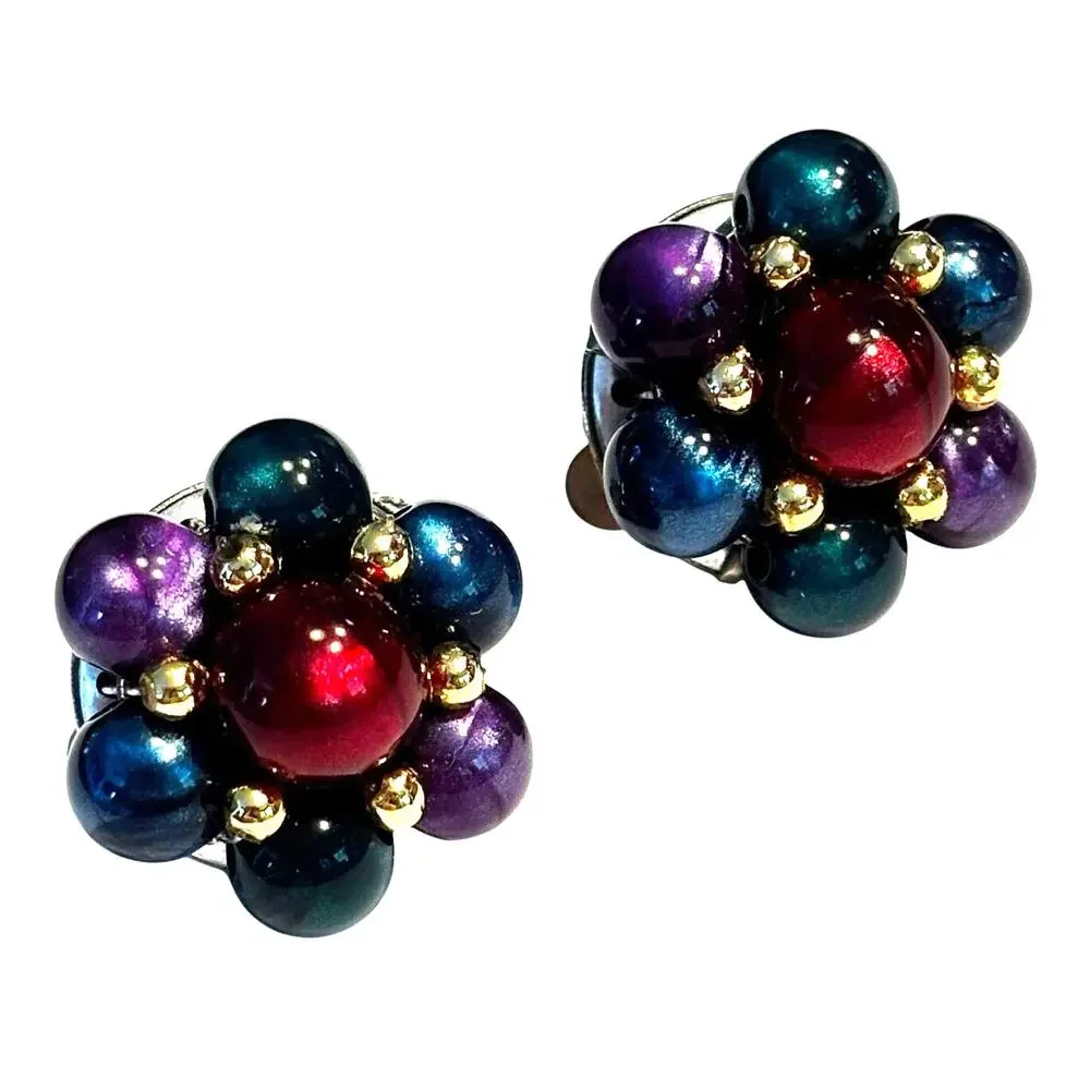 Vintage clip on earrings gem tones & gold beaded clusters mid century rounds